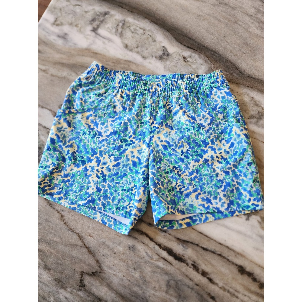Columbia PFG Blue Green Abstract Print Fishing Shorts Womens Small 5 Inch Inseam